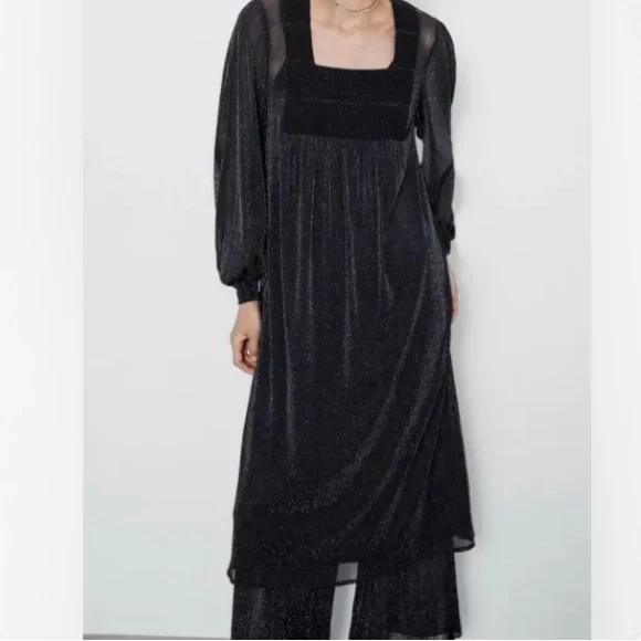 ZARA Black Metallic Thread Sparkle Knit Square Neck Party Dress M